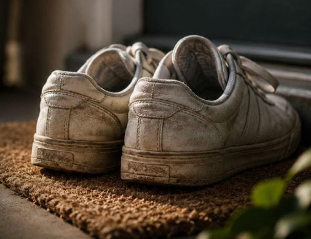 A well-worn pair of shoes by the door at the end of a shift.